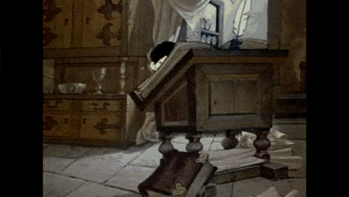 a cartoon drawing of a room with a book on a table .