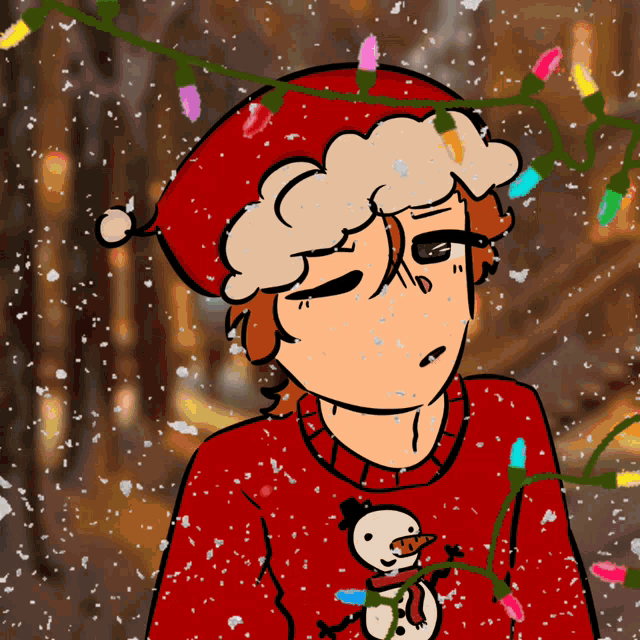 a cartoon of a boy wearing a santa hat and sweater with a snowman on it