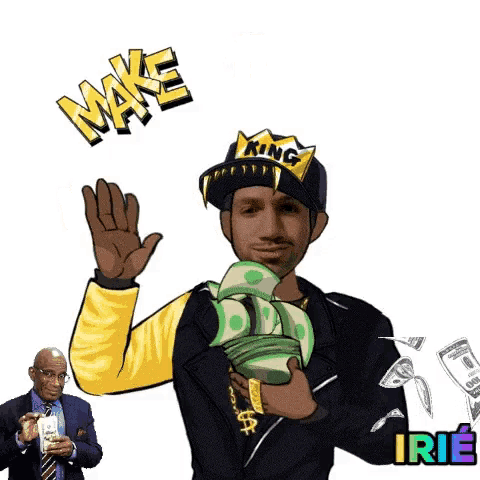 a man wearing a king hat is holding a stack of money