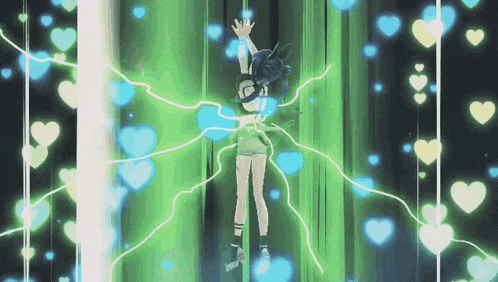 a girl with blue hair is surrounded by hearts
