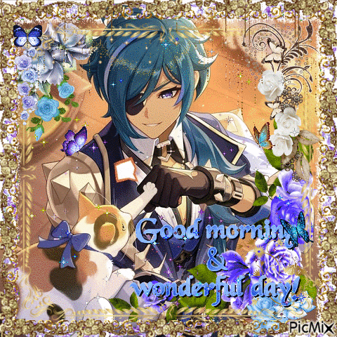 a good morning and wonderful day card with a cat and a man