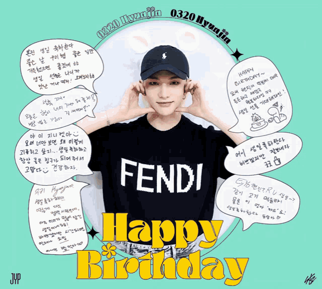 a young man wearing a fendi shirt is surrounded by speech bubbles that say happy birthday
