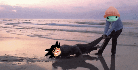 a person pulling another person on the beach with a cartoon character in the background