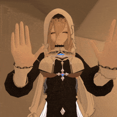 a cartoon character with a white hood and a blue necklace