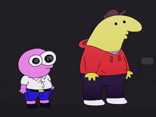 two cartoon characters standing next to each other with one wearing a hat