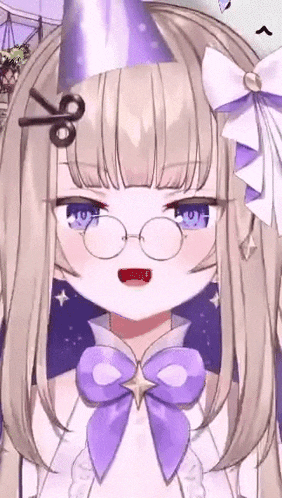 a close up of a girl wearing glasses and a purple party hat .