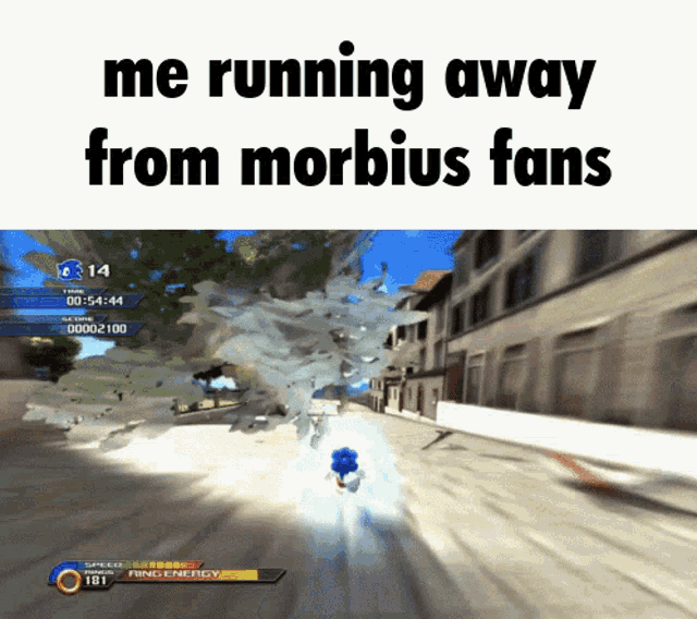 a screenshot of a video game with the words " me running away from morbidus fans " at the top