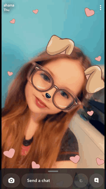 a girl wearing glasses with hearts around her and the words " send a chat " on the bottom