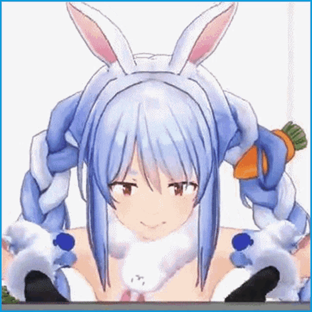 a 3d anime girl with bunny ears and a carrot in her hand is holding a rabbit .