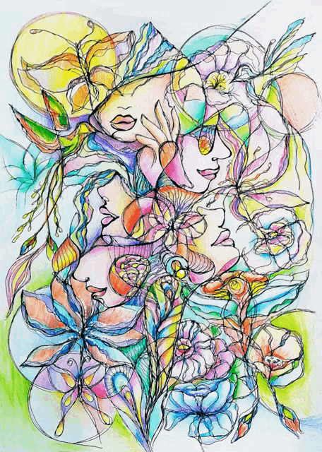 a colorful drawing of a woman surrounded by flowers and butterflies