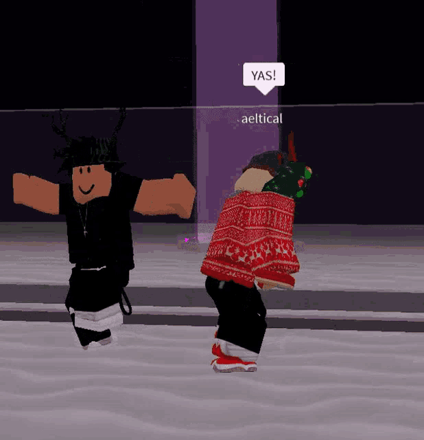 two roblox characters are dancing in the snow and one of them is wearing a christmas sweater with reindeer on it