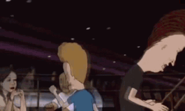 a cartoon of a man with a big head standing in front of a crowd of people .