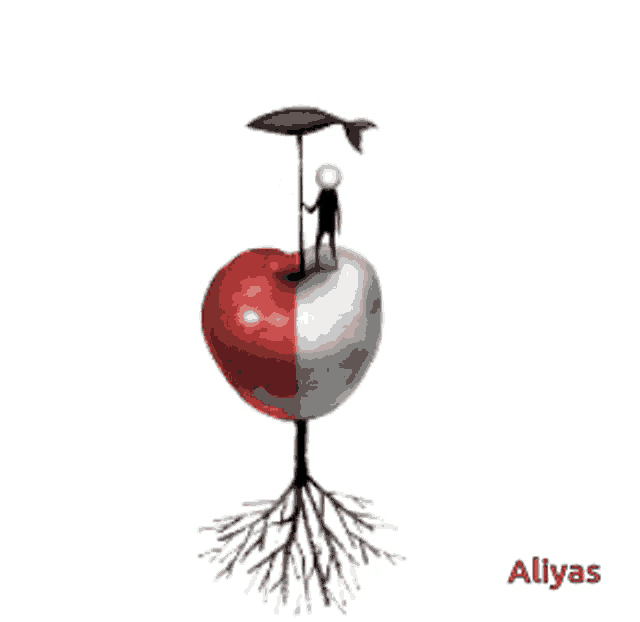 a man is standing on top of a half red half white apple with roots holding an umbrella ..
