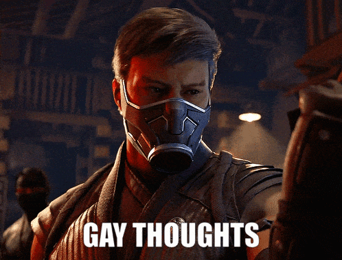 a man wearing a gas mask has the words gay thoughts above him