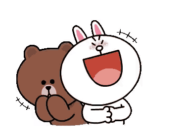 a brown bear and a white bunny are hugging each other and laughing .