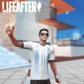 a man holding a torch in front of a lifeafter logo