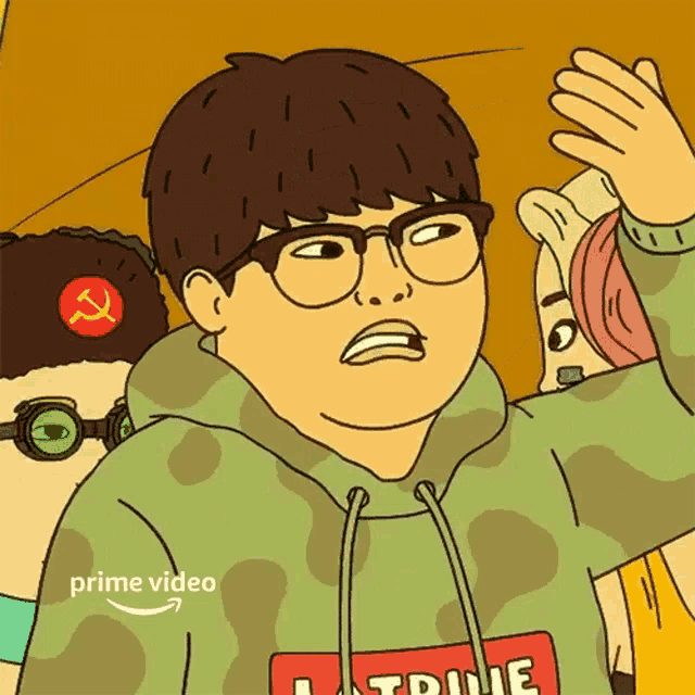 a cartoon of a man wearing a hoodie that says l' true
