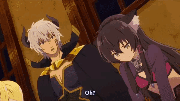a group of anime characters are standing next to each other and one of them says " oh "
