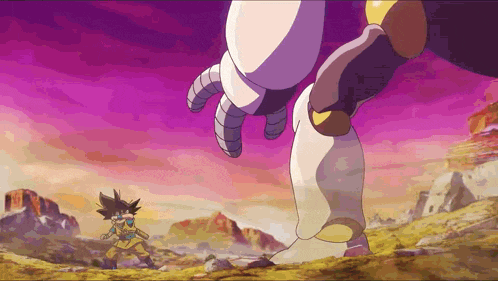 a cartoon character is standing next to a giant robot 's foot .