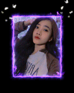 a picture of a woman in a purple frame on a black background .