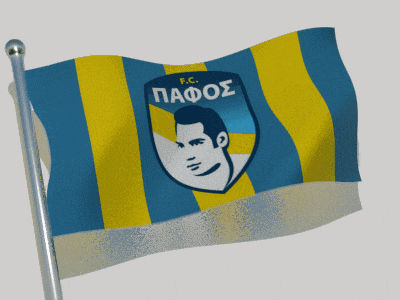 a blue and yellow flag with a man 's face and the word pafos