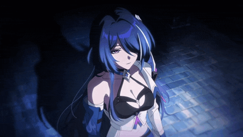 a girl with blue hair and a black bra stands in a dark room