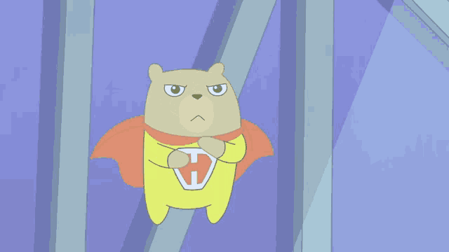 a cartoon bear wearing a cape with the letter h on it is flying through the air