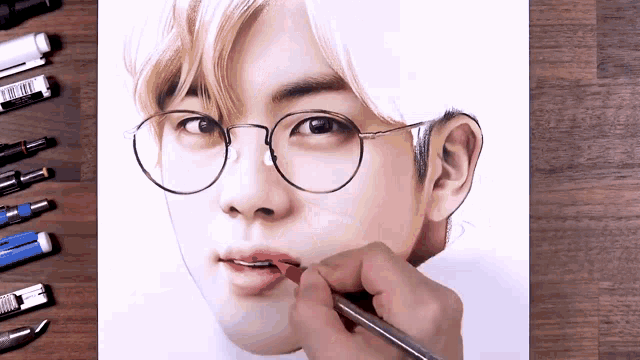 a drawing of a man wearing glasses is being drawn by a person