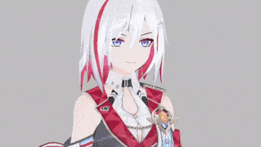 a girl with white hair and red stripes is wearing a red and white outfit