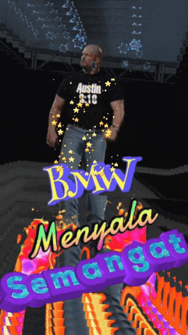 a man in an austin 3:16 shirt stands in front of a sign that says bww menyala semangat