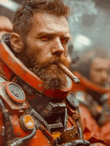 a man with a beard is smoking a cigar in a futuristic suit .