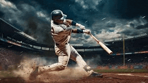 a baseball player is swinging a bat at a ball on a stadium .