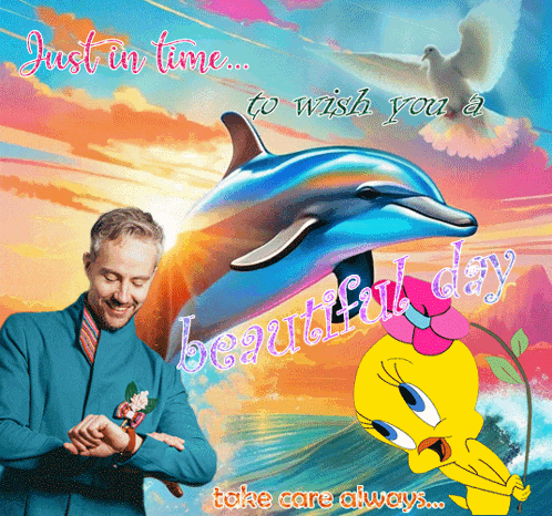 a man and a dolphin on a card that says just in time to wish you a beautiful day take care always