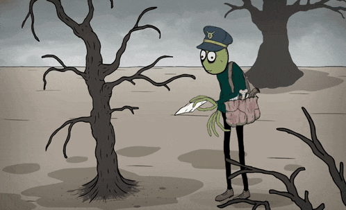 a cartoon of a postman holding a letter in front of a dead tree