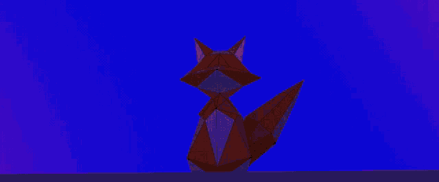 a low poly fox is sitting on a purple and orange background