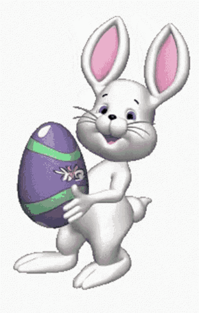 a cartoon easter bunny holding a purple egg with a butterfly on it