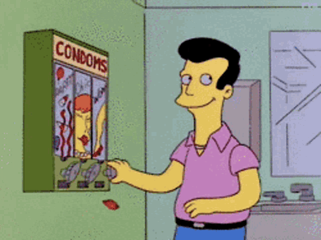 a cartoon character is using a machine that sells condoms