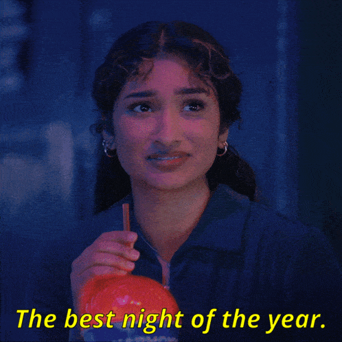 a woman drinking from a cup with the words the best night of the year