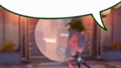 a cartoon character is standing in front of a door with a speech bubble above it .