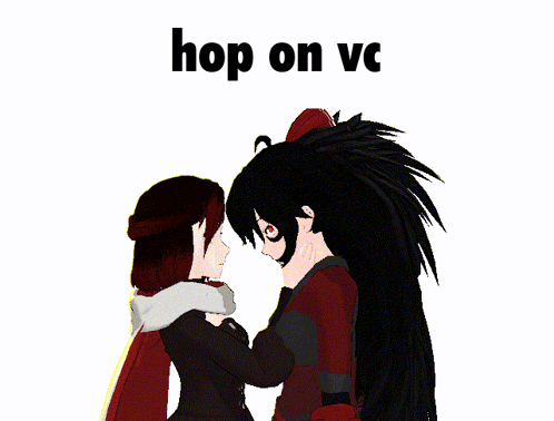 a couple of anime characters standing next to each other and the words hop on vc above them