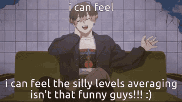 a man is sitting on a couch with a caption that says i can feel
