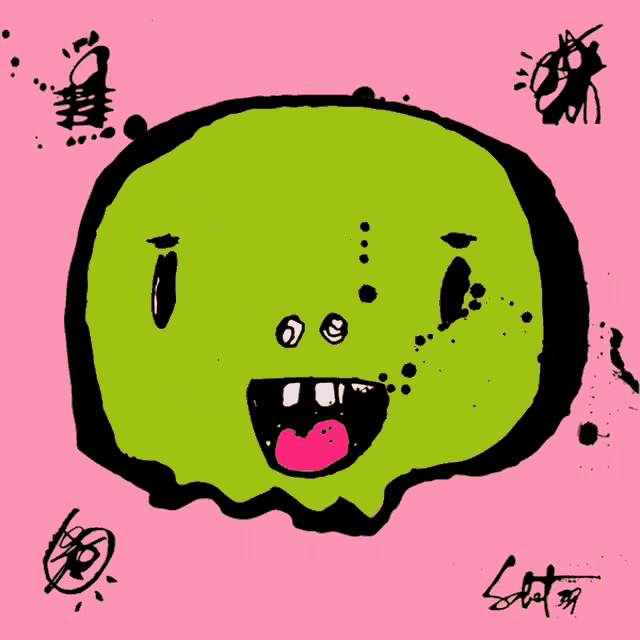 a cartoon drawing of a green monster with a pink tongue