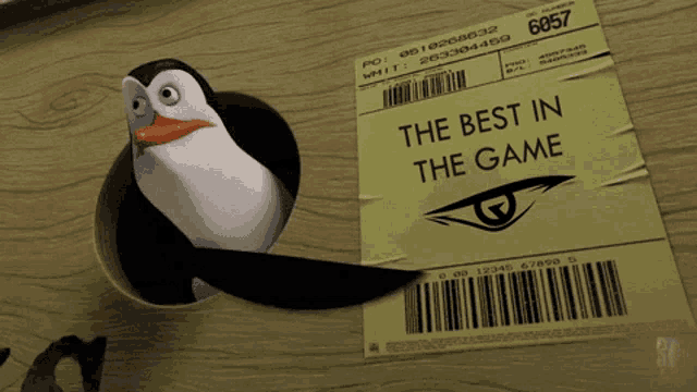 a penguin is sticking its head out of a hole next to a label that says " the best in the game "