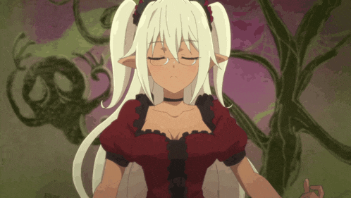a girl with pigtails and horns is wearing a red dress