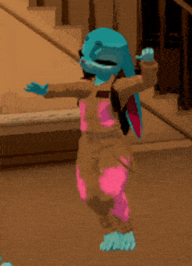 a blue and pink cartoon character is standing in front of stairs
