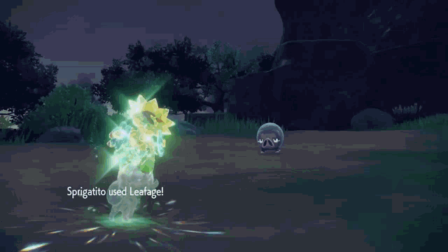 a video game scene with the words sprigatito used leafagel at the top