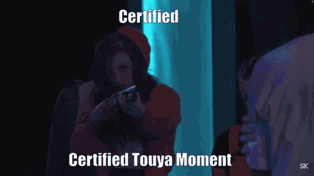 a man and a woman are dancing in a dark room and the caption says certified touya moment