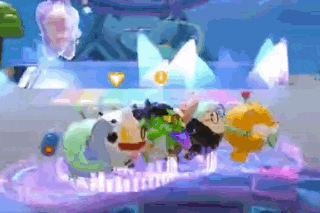 a group of cartoon characters are standing next to each other on a table .