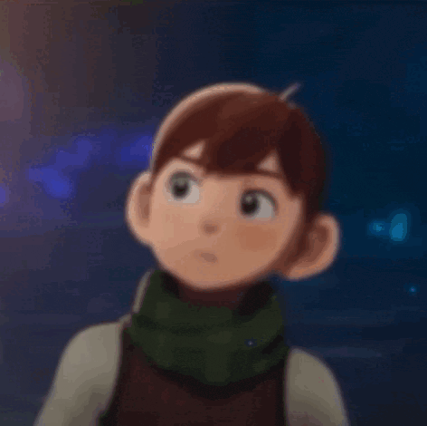 a cartoon boy with a scarf around his neck looks at something