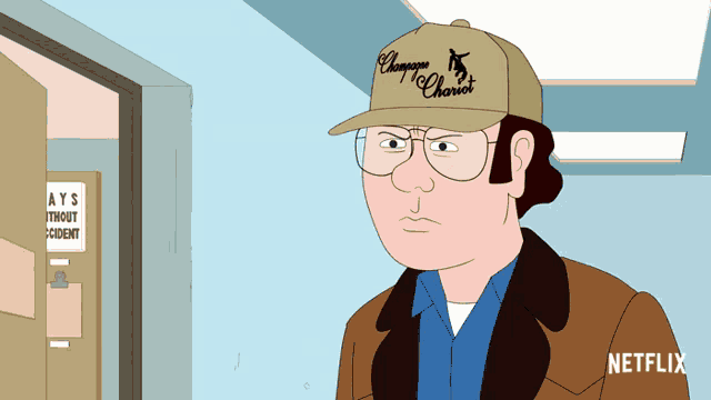 a cartoon character wearing a hat that says champagne chariot on it